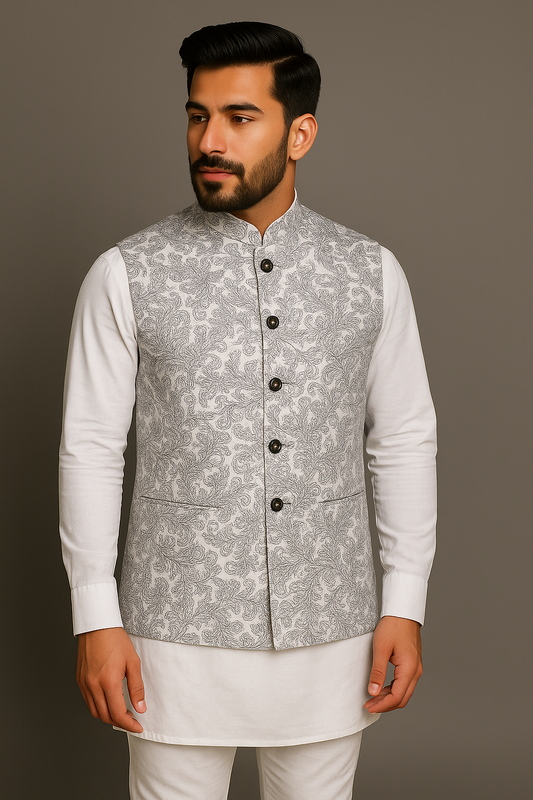 Crochet Printed Grey Jacket  Kurta Set  Men
