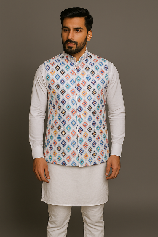 Crochet Printed White Jacket Kurta Set  Men