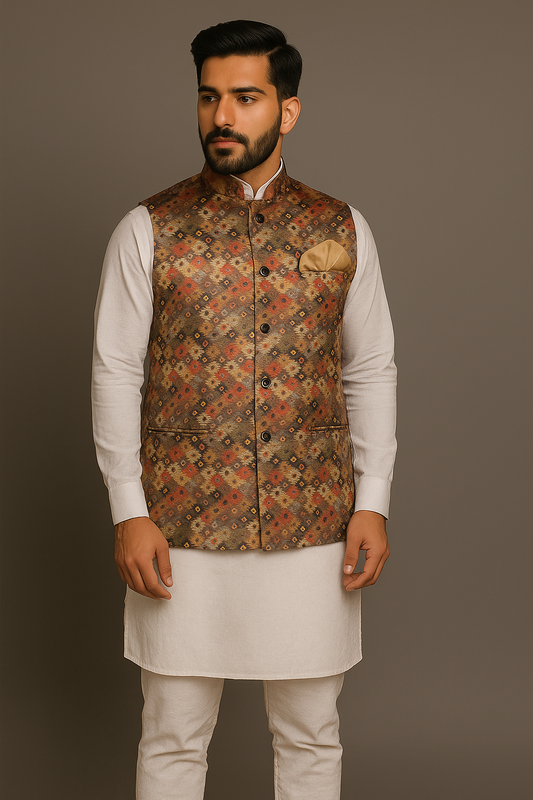 Jacket Kurta Set Banarasi Multicolor For Men