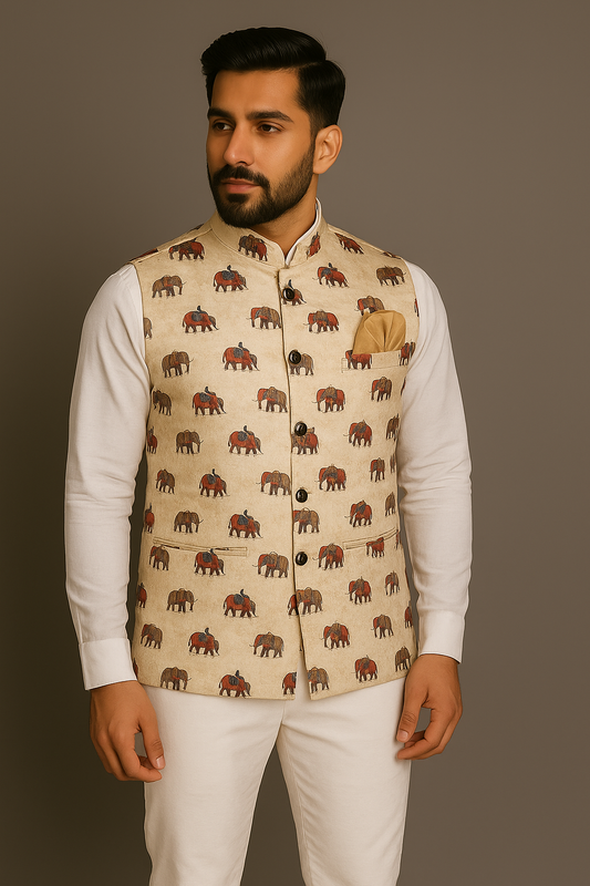 Crochet Printed Beige Jacket Kurta Set Men