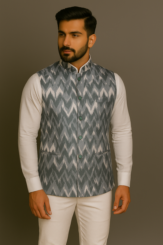 Crochet Printed Grey Jacket Kurta Set Men