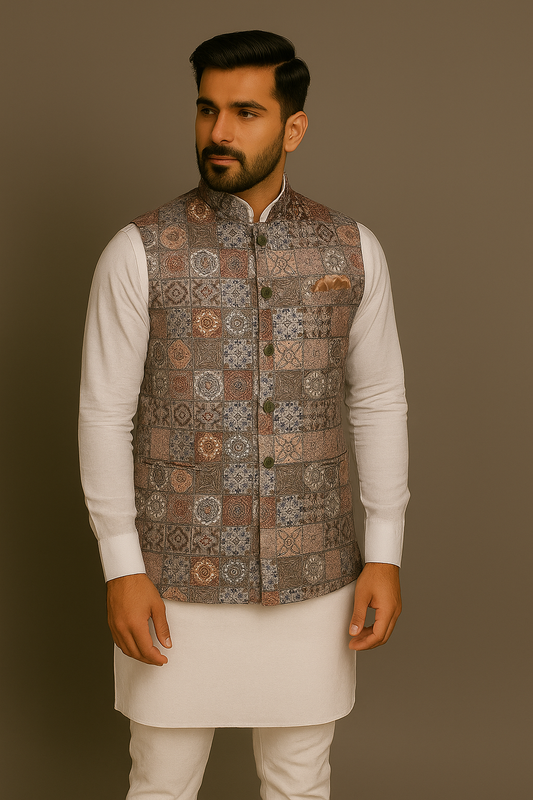 Crochet Printed Multicolor Jacket Kurta Set Men
