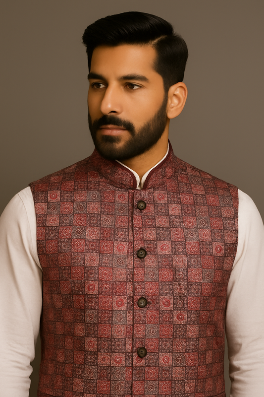 Jacket Kurta Set Banarasi Pink For Men