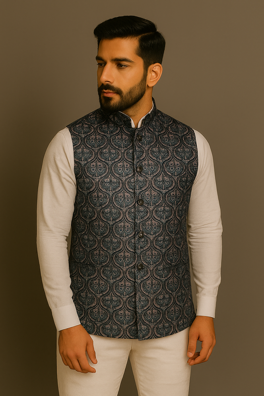 Jacket Kurta Set Banarasi Blue For Men