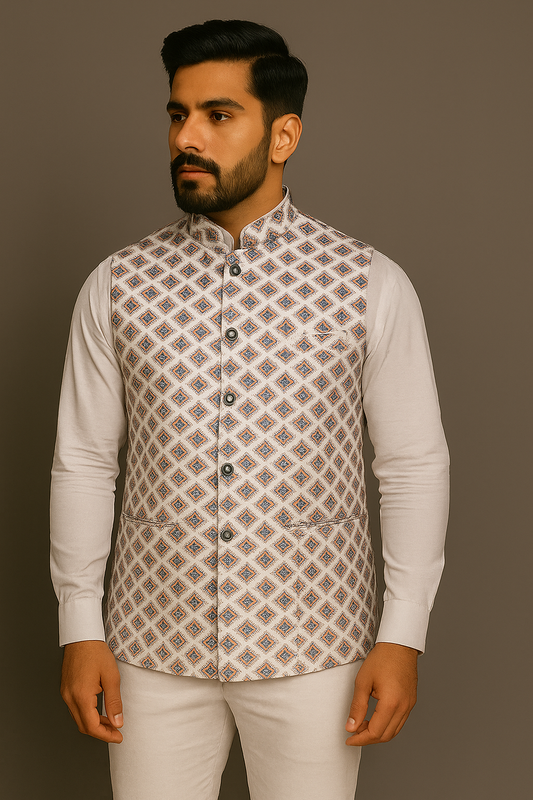 Crochet Printed Red Jacket Kurta Set Men
