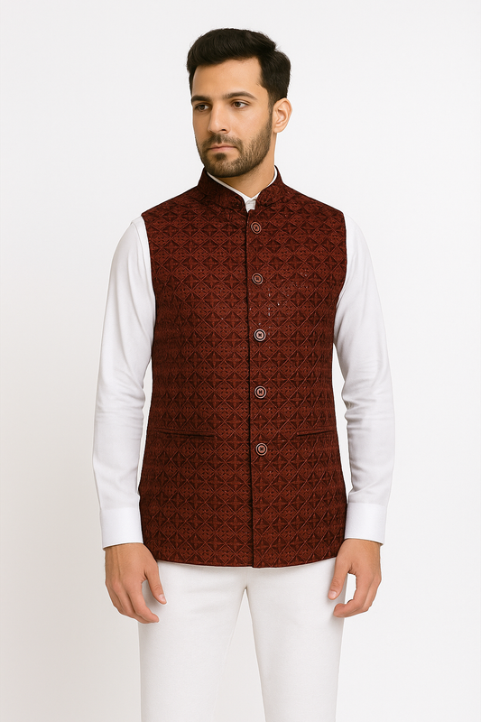 Velvet Sequence Maroon Waistcoat For Men