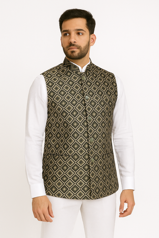 Jacket Kurta Set Banarasi Mehndi Green For Men