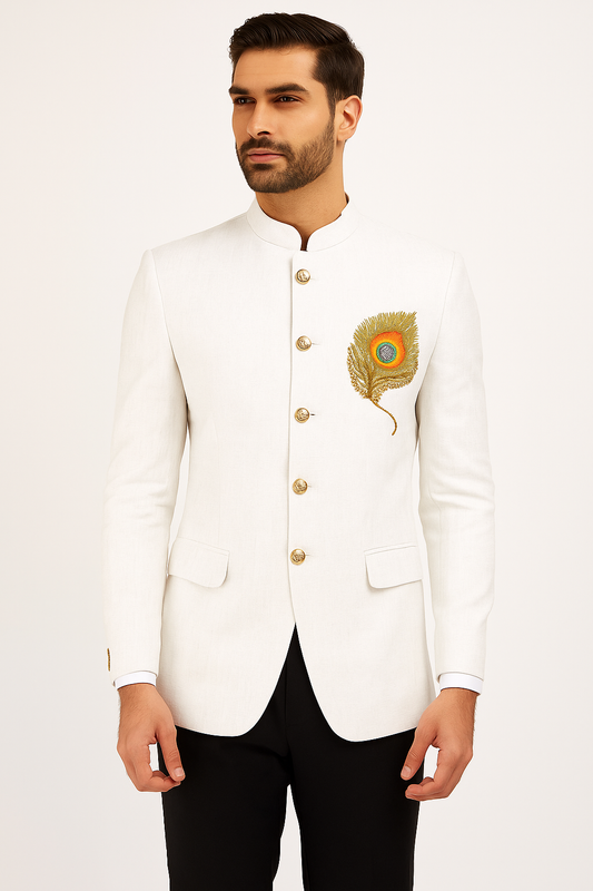 Jodhpuri Suit With Morpankhi In Smart Fit Two Piece White For Men
