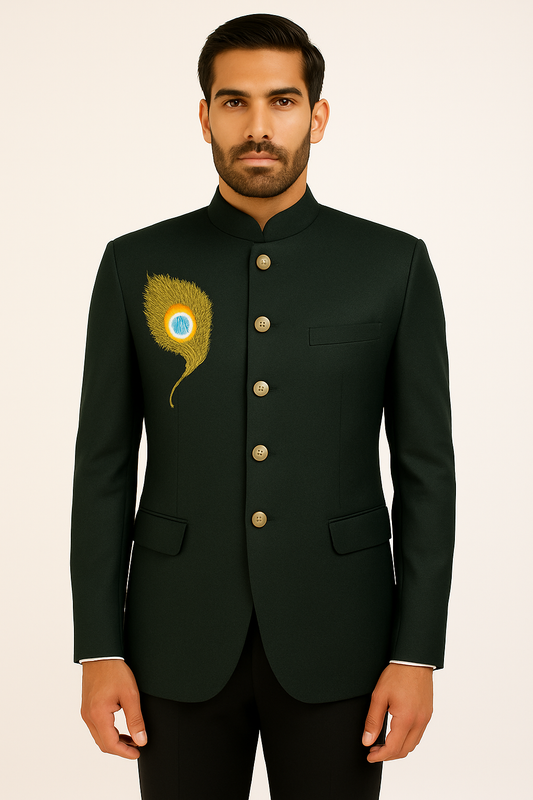 Jodhpuri Suit With Morpankhi In Smart Fit Two Piece Dark Green For Men