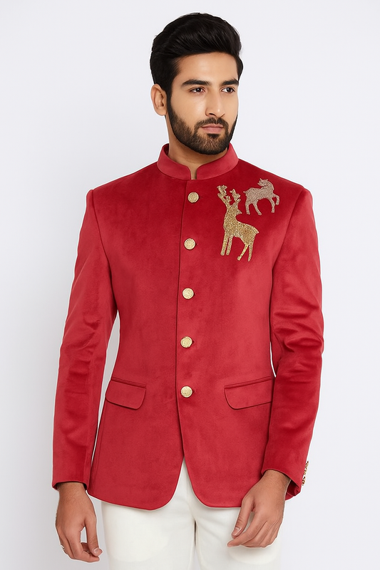 Jodhpuri Suit Red Emboidery Pattern For Men
