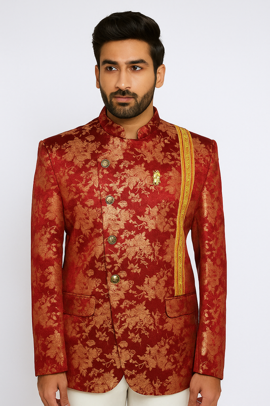 Jodhpuri Suit Maroon Emboidery Pattern For Men