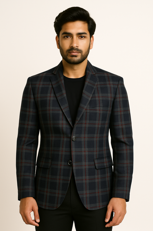 Check Blazer Grey Maroon Men Blazer