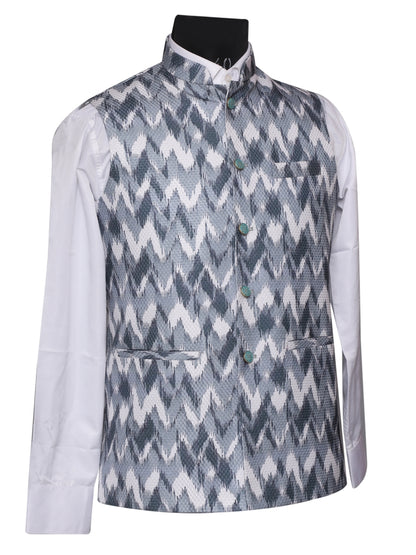 Crochet Printed Grey Jacket Kurta Set Men