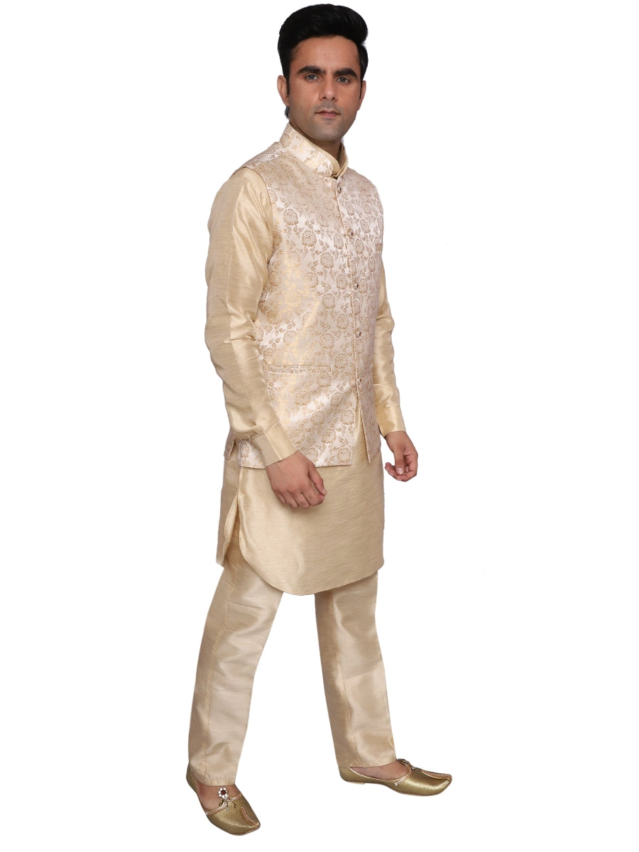 Beige Kurta Pajama With Waistcoat for Men