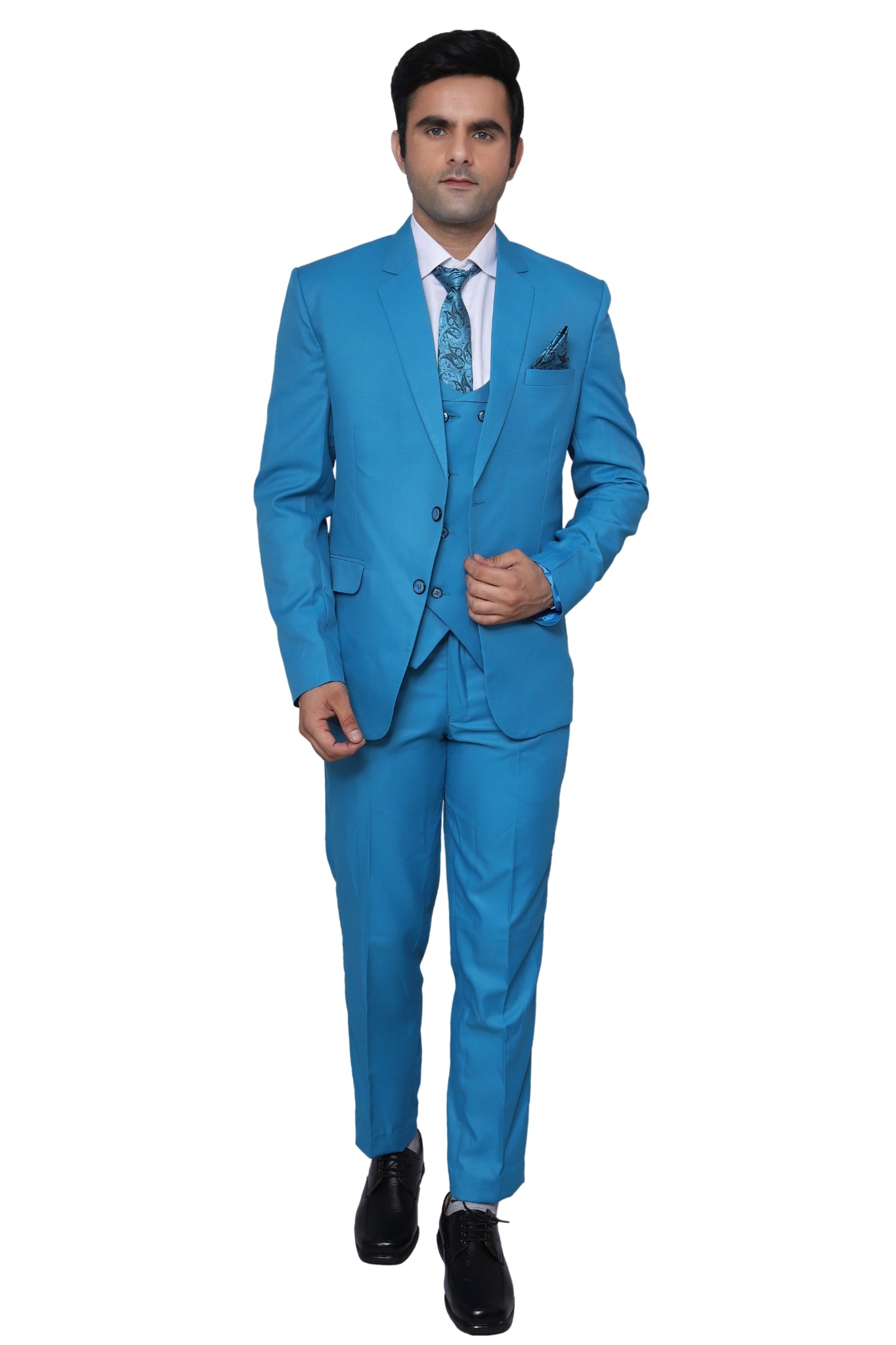Plain Three Piece Suit Sky Blue For Men