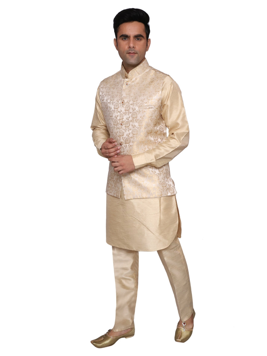 Beige Kurta Pajama With Waistcoat for Men