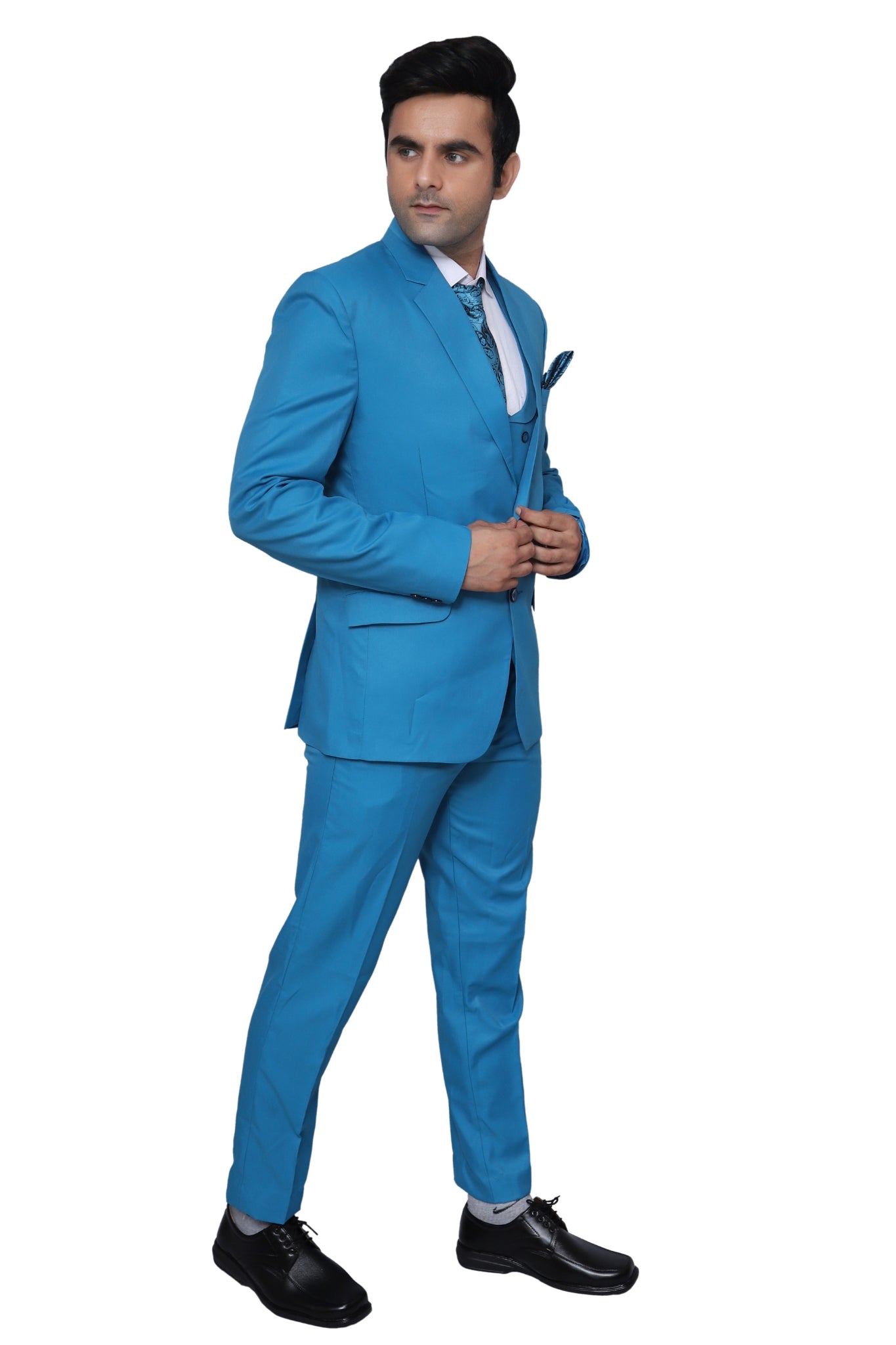 Plain Three Piece Suit Sky Blue For Men