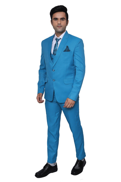 Plain Three Piece Suit Sky Blue For Men