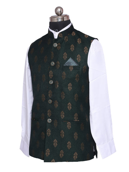 Jacket Kurta Set Banarasi Green For Men