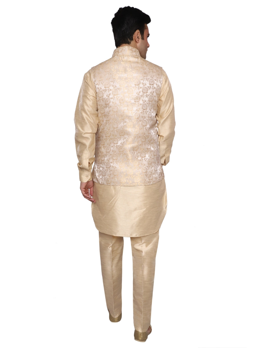 Beige Kurta Pajama With Waistcoat for Men