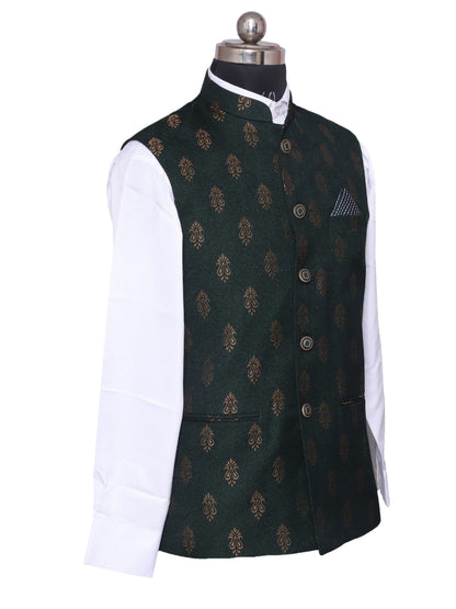 Jacket Kurta Set Banarasi Green For Men